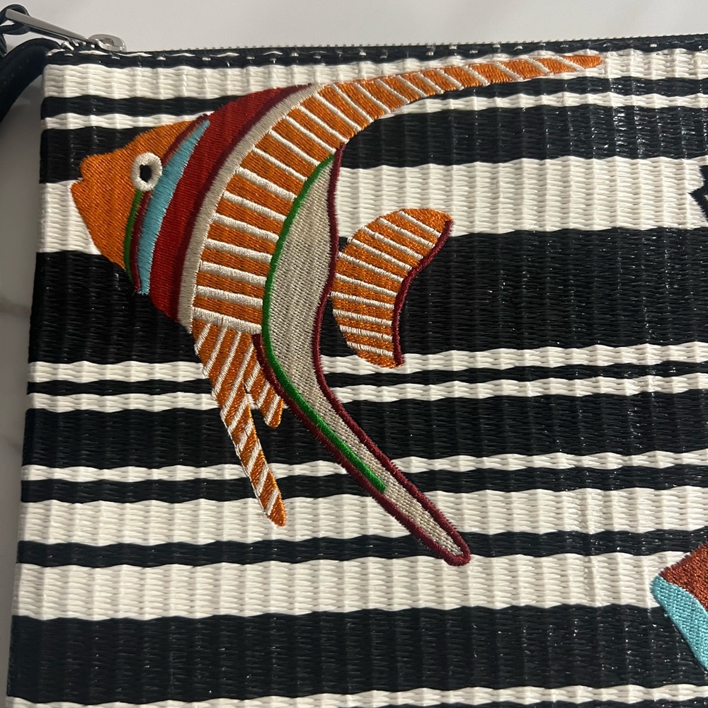 Sam Edelman Black and White Striped Clutch with Colorful Fish Design